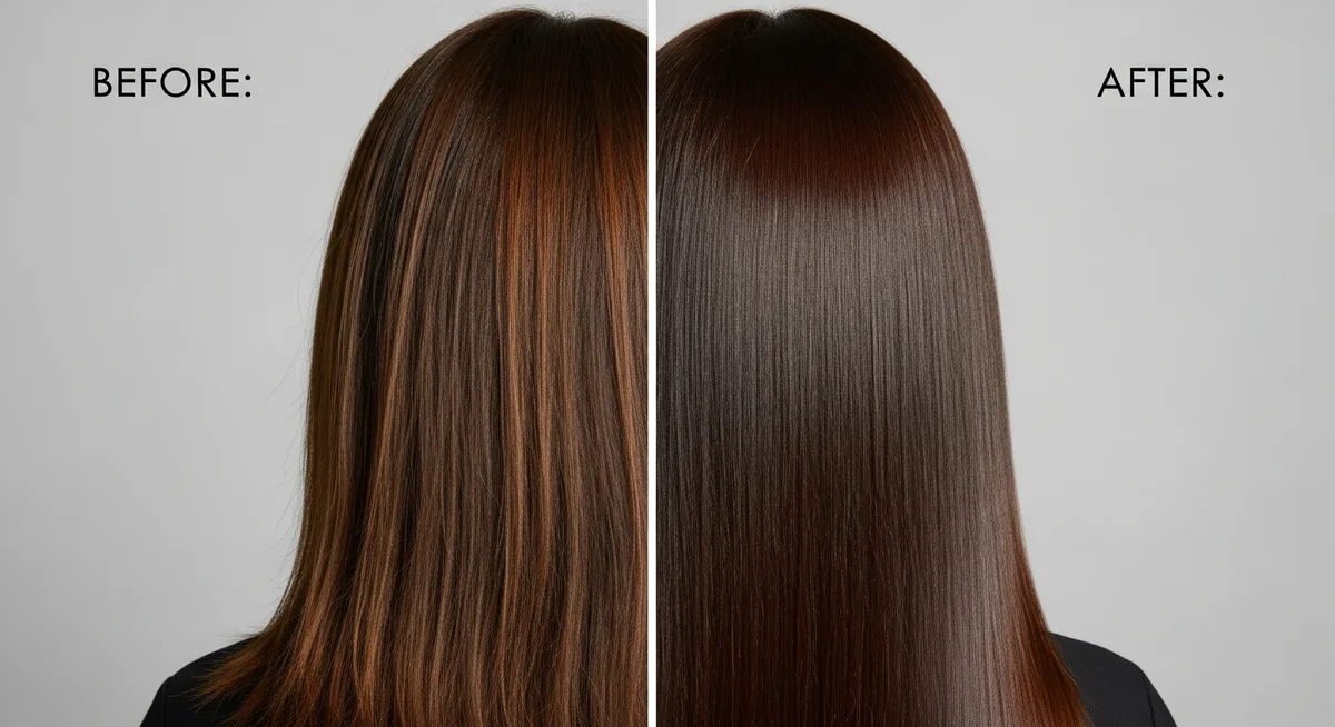 Before and after hair gloss treatment showing improved shine and tone